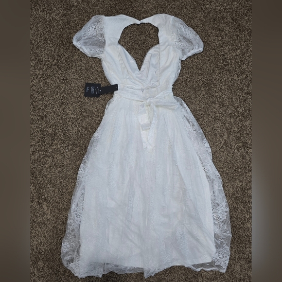 Lulus Romantic Prose White Lace Puff Sleeve Midi Skater Dress Size XS NWT - Picture 6 of 6